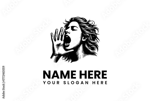 Woman's Shout Logo Template Creative Design with Open Mouth and Speech Bubble for Branding