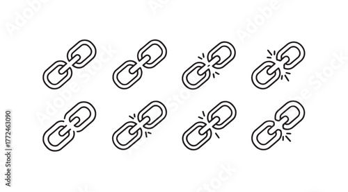 Broken chain link icons representing connection failure security risks and disconnection themes vector
