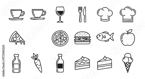 Food and Drink Icon Collection Black and White Vector Illustration