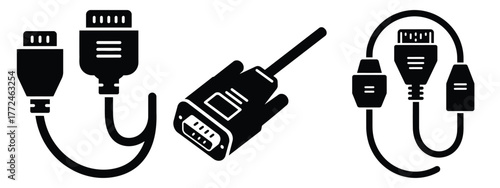 vga cable minimal icon set, black color and white background