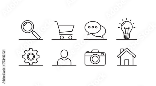 Collection of doodle style icons for web and app design search cart chat lightbulb gear person camera house vector