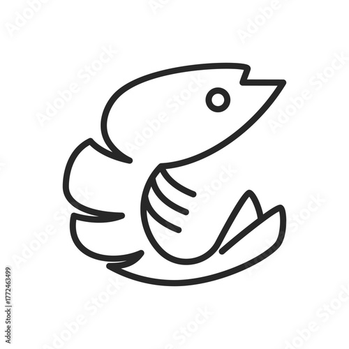 Black outline of a shrimp with a circular eye and distinctive curved tail