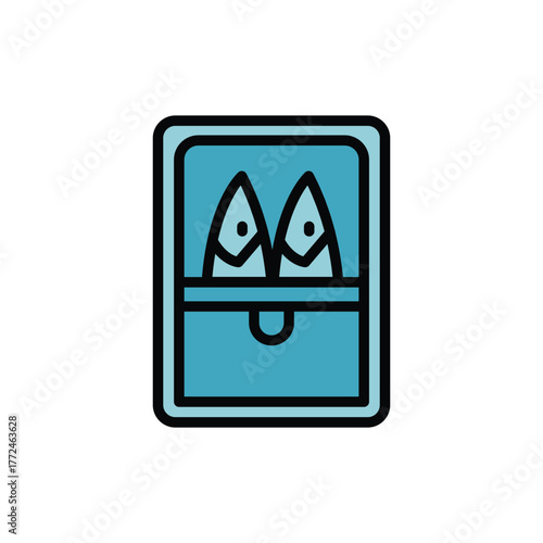 Blue rectangle with black outline containing two fish separated by a horizontal line above a horseshoe shape