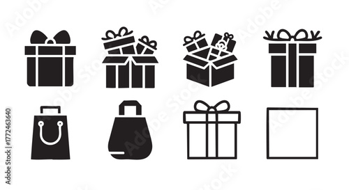 Gift Boxes and Shopping Bags Vector Icons Set in Black and White