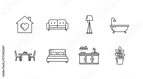 Set of hand drawn line art icons representing home furnishings and interior design elements vector