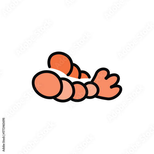 Cartoon shrimp with six segments  a threepronged tail orange fill and a black outline