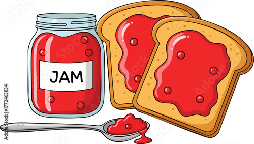 Toast with red fruit jam, flat vector illustration for breakfast or snack.