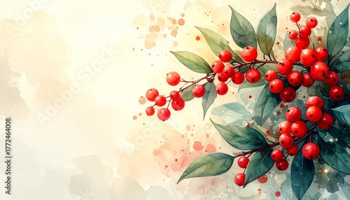 南天の実と水彩背景