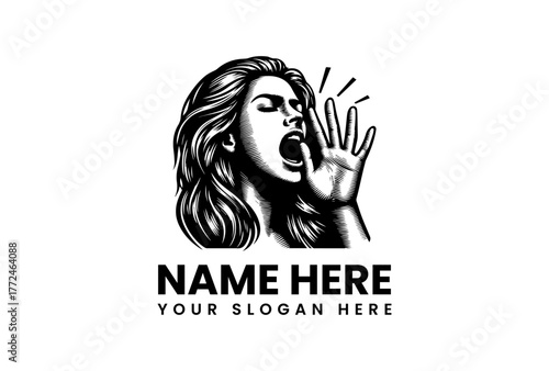 Black and white logo of a woman shouting, with space for a company name and slogan, a striking design