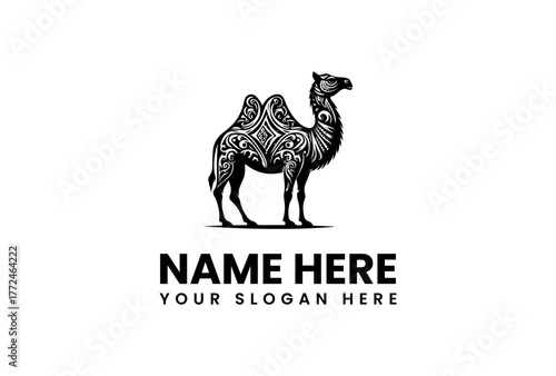 Elegant dromedary camel logo with intricate paisley and floral patterns, a stylized black and white vector illustration for branding