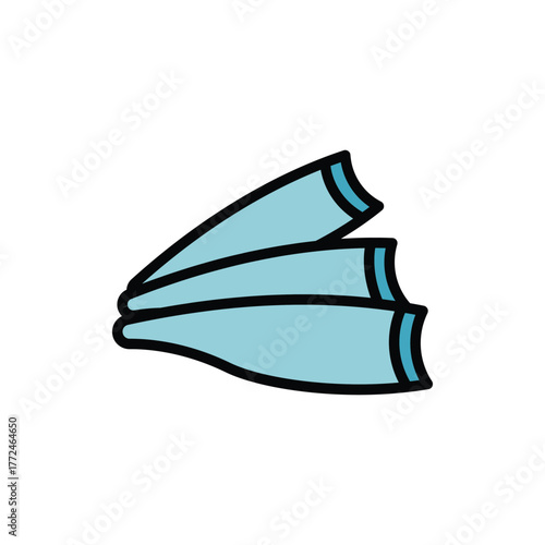 Illustration of three light blue fins with black outlines and darker blue tips stacked on top of each other
