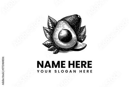 Vintage Engraved Avocado Logo Template - Hand-Drawn Botanical Illustration for Healthy Food Brands, Organic Product Packaging, or Natural Lifestyle Businesses. Elegant Emblem Design Concept