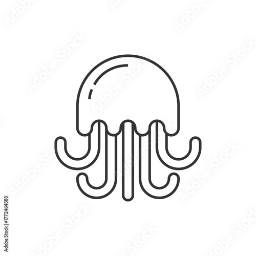 Line drawing of a jellyfish featuring a bellshaped body and numerous tentacles