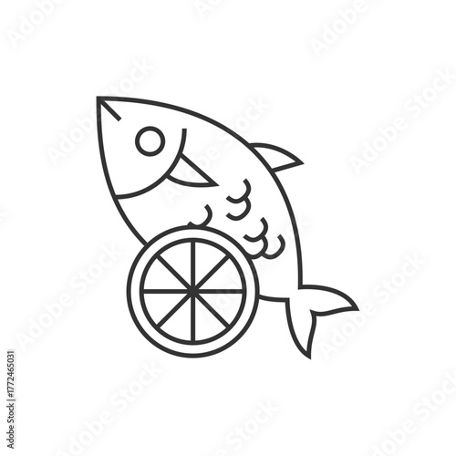 Outline of a fish atop a wheel shape with radial lines