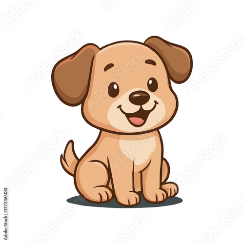 Cute Cartoon Puppy Vector Illustration – Adorable Happy Dog Sitting on White Background