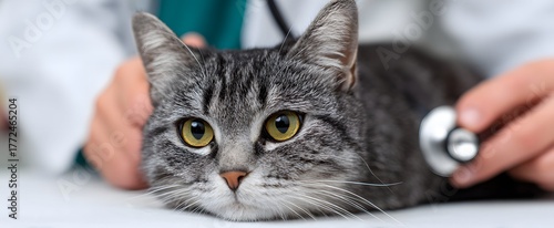 The cat feels nervous yet comforted during the veterinary checkup with stethoscope in bright clinic