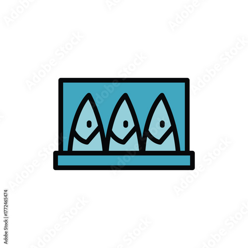 Three fish inside a blue rectangular frame black outline