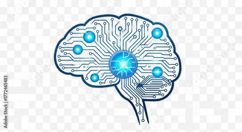 Illustration of a brain with circuit board patterns and glowing blue spheres inside it