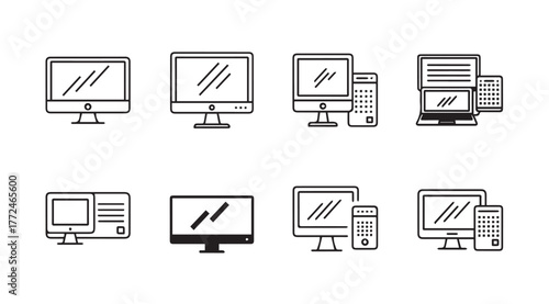 Hand drawn computer icons set featuring desktops laptops and monitors for digital concepts vector