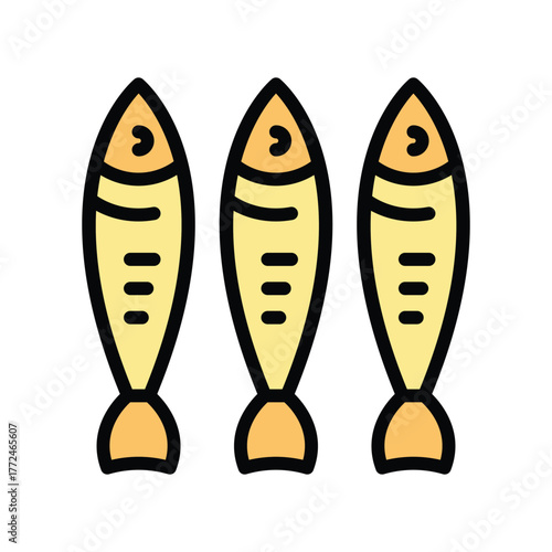 Three stylized yellow fish with orange details and black outlines Each fish has a head body and tail