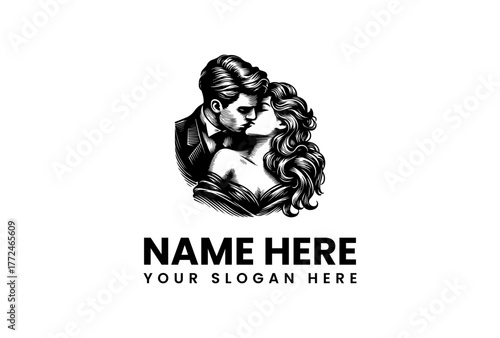 Romantic black and white illustration depicting a passionate couple's intimate embrace, perfect for elegant wedding invitations, anniversary branding, or timeless love-themed graphic designs