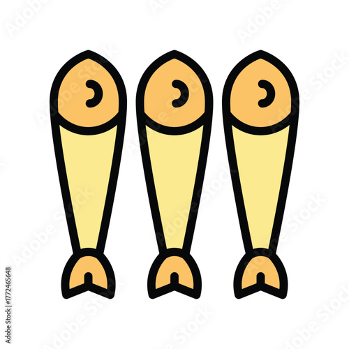 Three stylized yellow fish with orange heads and black outlines