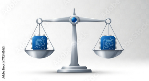 Balance scale holding two blue computer chips on each side against a white background.