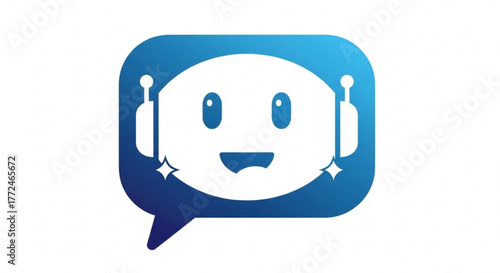 Illustration of a smiling robot face inside a blue speech bubble with antennas on head