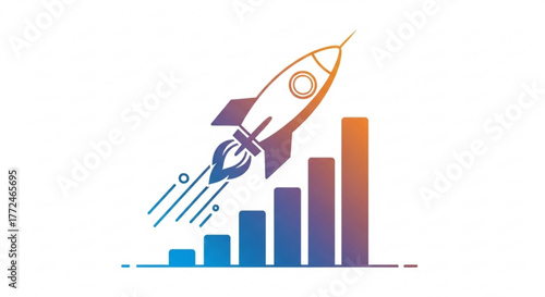 Rocket launching over a bar graph with an orange and blue gradient on a white background