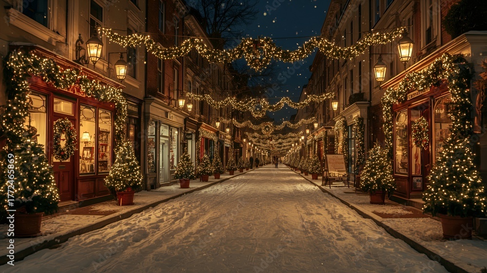 Fototapeta premium Peaceful snowy town street beautifully decorated for Christmas.