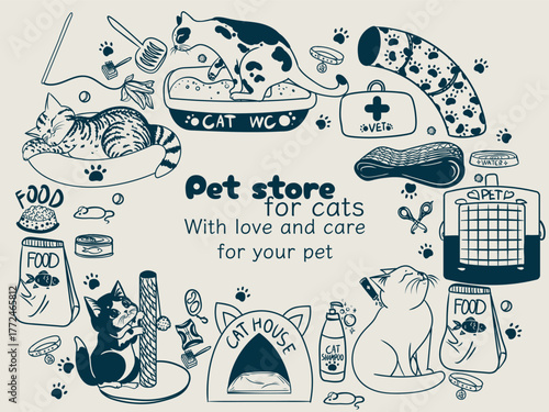 Vector frame with a set of veterinary products for cats. Banner with pet care products. Graphic elements for feeding, treating, caring for, playing with, and relaxing kittens