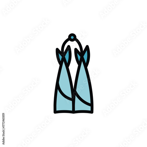 Two lightblue teardropshaped objects connected by a dark arc A small blue circle sits atop the arc