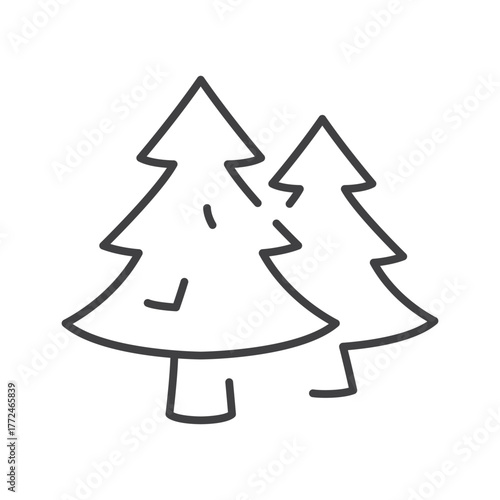 Two outlined Christmas trees with straight lines form trunks