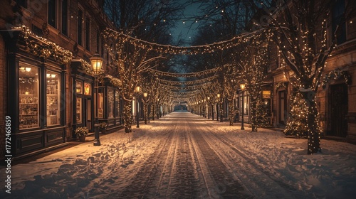 Festive European village with glowing lights and Christmas tree.
