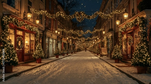 Peaceful snowy town street beautifully decorated for Christmas.