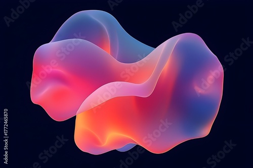 Abstract colorful fluid 3D shape with smooth gradient light, organic flowing form in vibrant red, orange, pink, and blue tones on dark background