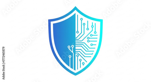 A blue shield with a circuit board design on the right side symbolizing security tech