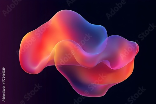 Abstract colorful fluid 3D shape with smooth gradient light, organic flowing form in vibrant red, orange, pink, and blue tones on dark background