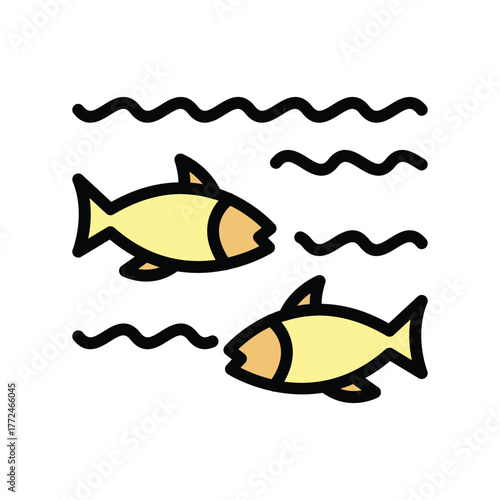 Two yellow fish swim among black wavy lines