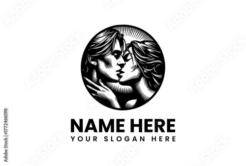 Elegant Logo Design Featuring a Romantic Couple Kissing in a Circular Emblem