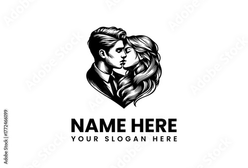 Elegant Black and White Illustration of a Couple in Love with Space for Brand Identity