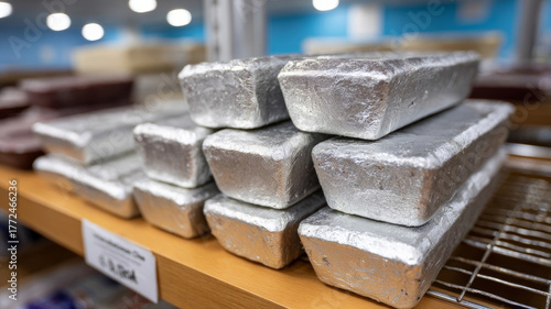 Stack of silver bars in a warehouse showcasing wealth and trade.