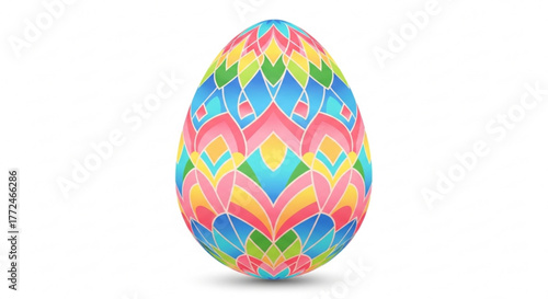 A colorful easter egg with a geometric pattern in shades of pink yellow and blue colors