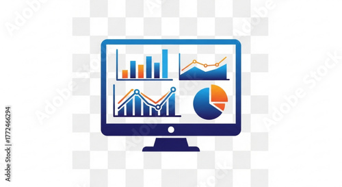 Monitor displaying business graphs and charts including bar line and pie charts shown