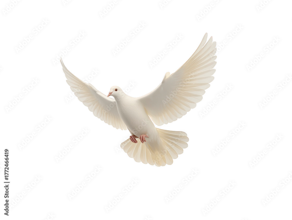Obraz premium White dove bird flying isolated wings peace freedom animal nature elegant symbol spirituality hope purity calm wildlife soft feather sky gentle serene beautiful flight beak open wings graceful