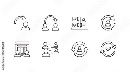 Set of business process icons representing workflow teamwork collaboration strategy and development vector