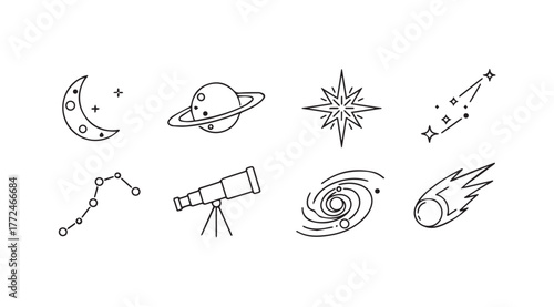 Cosmic wonders collection hand-drawn celestial objects icons for space exploration and astronomy enthusiasts vector