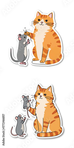 Cartoon cat interacting playfully with two mice in a friendly manner  