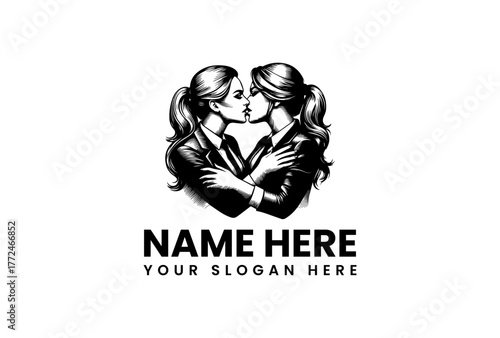 A romantic hand-drawn illustration logo of two women in professional attire kissing, an emblem representing lesbian love and LGBTQ pride. 97