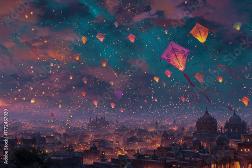 Makar sankranti festival night sky filled with flying kites